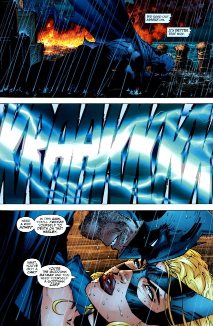 three panels from Frank Miller's All Star Batman and Robin, with Batman having sex with Black Canary. The sex is ellided as a lightning strike